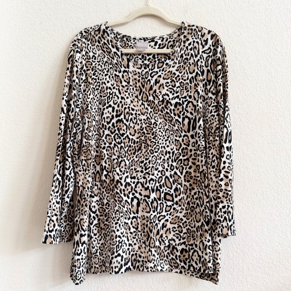 Chico's Tops - Chicos Leopard Print Tunic Top Womens Size 3 XL Brown Animal Print 3/4 Sleeve